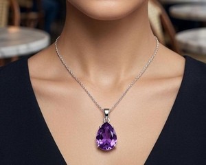 Collar con Colgante de Amatista en Forma de Lágrima, Bañado en Plata Platino, Engaste Minimalista, Joyería de Cristal Curativo de Lujo para Bodas y Fiestas - Product Image 2