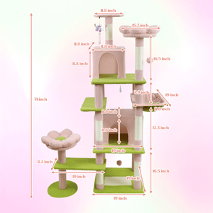 71-Inch <b>Large</b> Condo Pink <b>Cat</b> <b>Tree</b> with Removable Flower Cushion and Hammock for Scratching & Napping - Product Image 6
