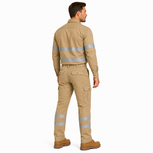 Unisex Hi Visibility <b>Waterproof</b> Workwear Uniform Long Sleeve Shirt Cargo Pants Set Reflective Tape Beige Cotton <b>Work</b> Suit - Product Image 4