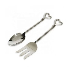 Embossed Design Golden Brass Handle Stainless Steel Salad <b>Server</b> for Home and Hotels Tabletop Silver Salad <b>Server</b> Sets - Product Image 2