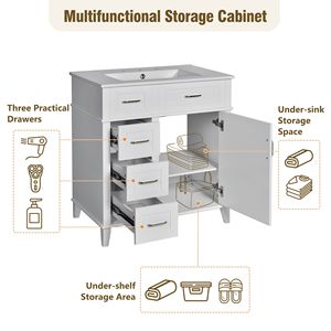 Adjustable Shelf 30-Inch <b>Bathroom</b> <b>Vanity</b> with Soft Close Door & Drawers Featuring Ceramic Sink and Three Soft Close Units - Product Image 6