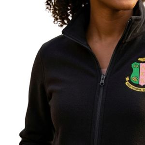 Chaqueta de microforro polar negra para mujer con cremallera completa, parche de escudo verde y dorado, manga larga, cálida, informal, para exteriores, suave y cómoda. - Product Image 4