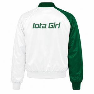 Iota Phi Lambda Sorority Women's Green <b>White</b> Contrast Satin Varsity Jacket Snap <b>Button</b> Front Rib Knit Collar Cuffs College Wear - Product Image 4