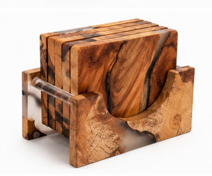 Luxury Handmade Eco-Friendly Durable Olive <b>Wood</b> and Epoxy Resin Coaster Set with Wooden Holder for Home Decor - Product Image 3
