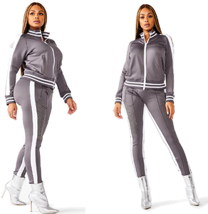 Trajes de entrenamiento de gimnasio para mujer, con cremallera frontal, cuello acanalado y puño, pista a rayas laterales, para trotar, ajustados, con cremallera, para el sudor - Product Image 3