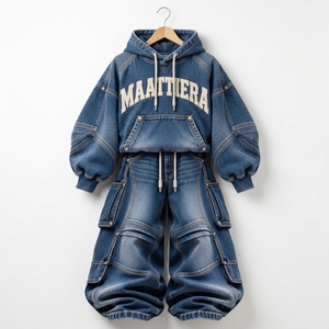 <b>Womens</b> Blue Denim Cargo Hoodie Tracksuit Set Oversized <b>Baggy</b> Wide Leg <b>Jeans</b> Streetwear Custom Apparel Manufacturer - Product Image 5