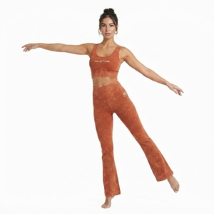 Women Rust Orange Ribbed Yoga Set Crop Top High Waist <b>Flare</b> <b>Leggings</b> Gym Fitness Workout Activewear - Product Image 3