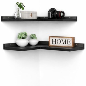 Mango Wood <b>Floating</b> <b>Corner</b> <b>Shelves</b> Double Tier Minimalist Living Room Storage | Handcrafted India Dark Gray Wholesale - Product Image 6