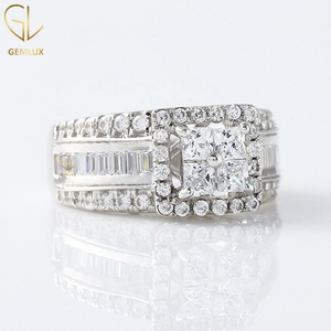 Princess Moissanite Engagement <b>Ring</b> with Quad Diamond Band, Baguette & Round Cut Halo Design, 14K Solid White Gold <b>Ring</b> - Product Image 2