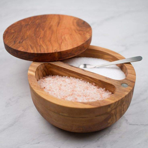 Round Wooden Handcrafted Modern Design Salt Cellar <b>with</b> <b>Lid</b> and Spoon Dishwasher Safe Kitchen Spice Storage <b>Box</b> - Product Image 4