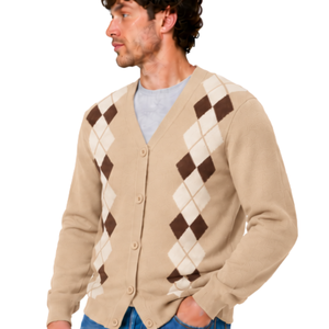 Cardigan en tricot pour homme, beige, motif argyle, col en V, 100% polyester, motif diamant, boutons sur le devant, manches longues, classique, décontracté - Product Image 3