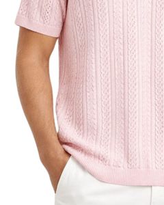 เสื้อโปโลถักสีชมพูสำหรับผู้ชาย แขนสั้น ทรงเข้ารูป สไตล์ลำลองสำหรับฤดูร้อน รับผลิตตามสั่ง ขายส่งจากโรงงาน - Product Image 6