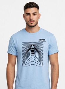ONETEN APPAREL T-shirt à manches courtes bleu clair pour homme, imprimé géométrique bateau, coupe classique, col rond, décontracté - Product Image 1