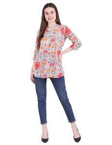 SAZU Stylish Floral Print Women’s <b>Kurti</b> with Vibrant Multicolor Design Comfortable Cotton Fabric Button Front Mandarin Collar - Product Image 5