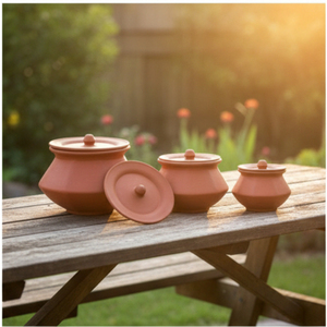 Olla Tradicional de Barro Terracota con Tapa (Juego de 3) Hecha a Mano, Ecológica, Resistente a la Decoloración, SwamiG TradeX - Product Image 3