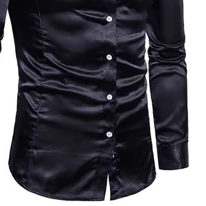 Chemise habillée noire en satin à manches longues pour homme, col rabattu uni, boutonnée, haut de gamme, classique, pour affaires et bureau - Product Image 5