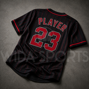 Maillot de baseball personnalisé en gros, noir et rouge rayé, col en V, manches courtes, anti-humidité, 100 % polyester, uniformes d'équipe pour hommes - Product Image 5