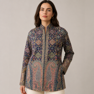 Abrigo Casual Corto con Cuello Mandarín y Estampado Paisley Bohemio, de Manga Larga, para Mujer, Tejido de Poliéster para Invierno - Product Image 5