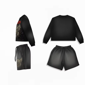 Conjuntos Deportivos de Maternidad con Logotipo Personalizado, Trajes para Hombre, Camiseta de Manga Larga con Cuello Redondo, 100% Algodón, Pantalones Cortos Deportivos, Conjuntos de Pantalones Cortos para Correr - Product Image 2