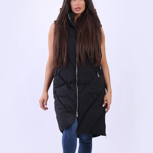 Women's <b>Long</b> Quilted Hooded Sleeveless Puffer <b>Vest</b> Winter Coat Thick Polyester Wadding Full Zipper Closure Solid Color - Product Image 4