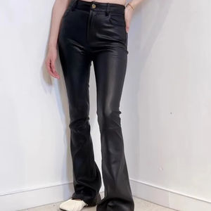 Pantalones de Piel de Oveja Elástica para Mujer, Diseño Italiano, Ajustados, de Cintura Alta, Largos, para Oficina, Trabajo, Estilo Flare - Product Image 1