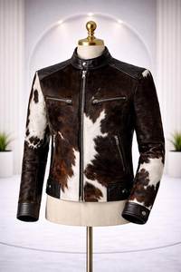 Blouson moto en cuir véritable pour homme, imprimé animal, col montant, fermeture éclair, coupe ajustée, longueur standard, pour l'automne - Product Image 3