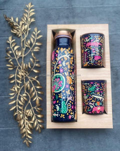Red Copper <b>Water</b> <b>Bottle</b> and Glass drinkware Set With <b>White</b> Pattern Lids Portable Travel Drinkware Oriental Design Style - Product Image 4
