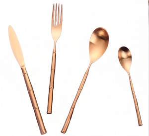 Juego de cubiertos de oro rosa con diseño de mango de bambú, acabado de alto brillo, apto para lavavajillas, vajilla moderna para bodas y uso doméstico. - Product Image 1