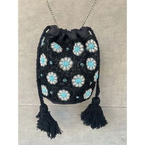 Indian Handmade Luxury Casual Handbag Glass Beaded Flower Shape Handle Durable Stylish <b>Blue</b> <b>Bead</b> Assortment Handcrafted RR - Product Image 1