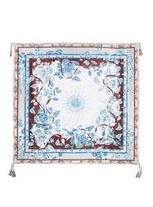 Elegant Look Floral Border Printed <b>Silk</b> Satin Square Scarf for Women Luxury Vintage Tassel <b>Head</b> Scarf Suitable for All-Season - Product Image 1