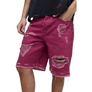 Magenta Distressed <b>Denim</b> <b>Shorts</b> for Men Custom Streetwear Raw Hem <b>Ripped</b> Jorts Loose Fit Hip Hop Summer Fashion OEM Style - Product Image 3