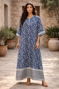ชุดเดรสผ้าฝ้ายพิมพ์ลายบล็อกสีน้ำเงิน แต่งขอบลาย แขนสามส่วน มีกระเป๋าข้าง ชุดลำลองสำหรับผู้หญิง ชุดยาวใส่สบายสำหรับฤดูร้อน - Product Image 4