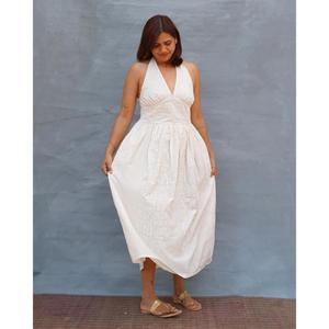 Vestido de Verano Boho para Mujer, Blanco, Cuello en V, Mini, Tejido, con Cinturón, Sin Mangas, con Mangas Abullonadas, Elegante, Casual, de Algodón, Largo - Product Image 1