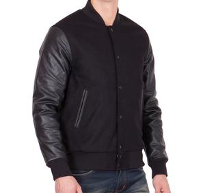 Veste de baseball en cuir de vachette noir avec manches en cuir et corps en laine noire, patchs brodés OEM pour hommes - Product Image 5