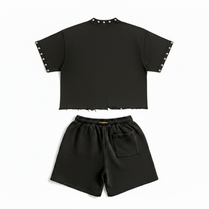 Conjunto de Dos Piezas Unisex Estilo Urbano, Camiseta Negra de Algodón con Estampado de Calavera y Pantalones Cortos con Logotipo MHR, Atuendo Casual de Verano - Product Image 2