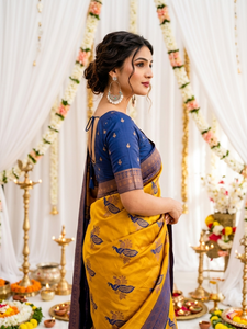 Sari en soie jaune à imprimé paon avec bordure bleue, tenue de mariage traditionnelle indienne pour femme, longueur au sol, sans plis, protection solaire - Product Image 3