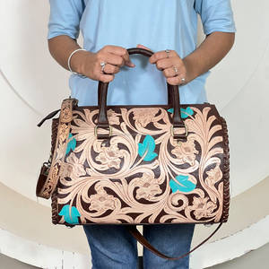 2026 OEM ODM Hand <b>Tooled</b> Genuine <b>Leather</b> Floral Large Speedy Duffel Bags Designer Trendy & Premium Business Trip Shoulder Bag - Product Image 5