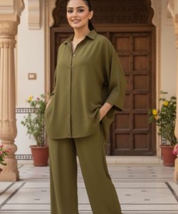 Women's Regular Fit Solid Button Silk Eco-Friendly Breathable Quick Dry 2-Piece Co-ord <b>Sets</b> - Product Image 3