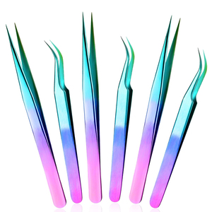 Vente en gros de pinces à cils arc-en-ciel personnalisées avec logo, 6 pièces, kit de cils de précision en acier inoxydable professionnel, outils de maquillage multicolores - Product Image 1