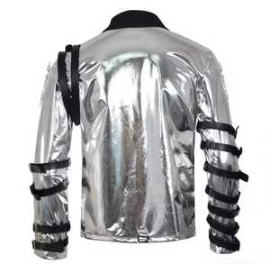 Men's Silver Leather Slim <b>Jacket</b> <b>Punk</b> Style Stand Collar Waterproof Zipper Closure Regular Sleeve Autumn Wear - Product Image 5