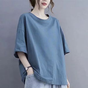 T-shirt ample à manches courtes pour femme, couleur unie, épaules tombantes, col rond, 100% coton tricoté, respirant, toutes saisons - Product Image 3