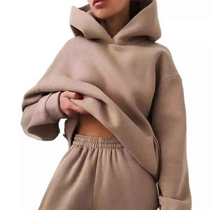 <b>Women's</b> Oversized Hooded <b>Sweatshirt</b> Solid Color Drop-Shoulder Asymmetric Cropped Design Knitted Cotton Autumn Wear - Product Image 5