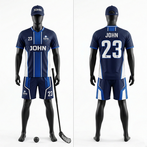 Conjunto de Camiseta y Pantalones Cortos de Floorball para Hombre, Secado Rápido, Poliéster, Azul Marino, Paneles de Malla Blanca, Logotipo Personalizado por Transferencia Térmica, Uniforme - Product Image 1