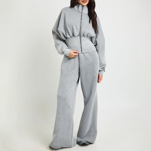 Bulk Women Slim Fit Streetwear Solid Tracksuit Set 100% Cotton Fitness Custom Logo OEM Production - Product Image 6