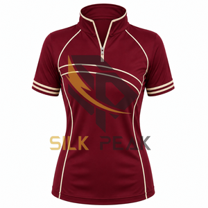 T-shirt décontracté sport tricoté à manches courtes pour femme, couleur bordeaux avec bordure blanche, séchage rapide, 100 % coton, écologique, idéal pour l'été - Product Image 1