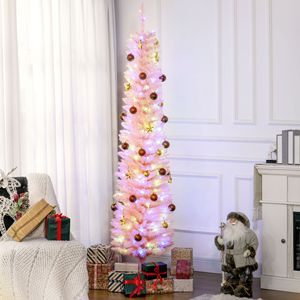 Albero di Natale Artificiale Preilluminato da 2,1 m Stile Pencil con Luci LED Colorate e Rami Rosa per Uso Domestico - Product Image 2