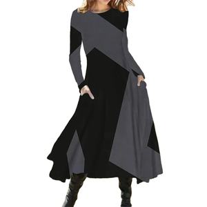 Women's Elegant Casual Midi Dress with Pockets Long Sleeve for Summer Contrast Color for Spring and Autumn Parties - Product Image 1