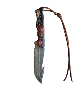 Customized HANDMADE FORGED STAINLESS STEEL GUT HOOK HUNTING KNIFE WITH ROSEWOOD & HORN& BRASS HANDLE & WITH <b>LEATHER</b> COVER - Product Image 1