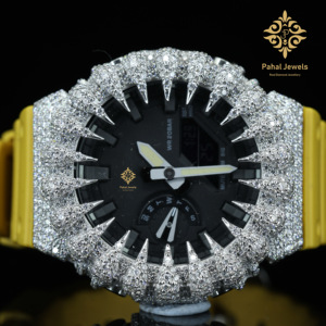 นาฬิกาข้อมือ Pahal Jewels ประดับเพชรหรูหรา หน้าปัดควอตซ์ ขนาด 46 มม. จอแสดงผลแบบอนาล็อก-ดิจิตอล แสดงวันที่ สายสีทองเหลือง สำหรับผู้ชาย กันน้ำได้ - Product Image 6