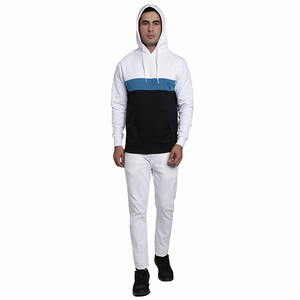 <b>Mens</b> Color Blocking Hooded <b>Sweatshirt</b> Regular Fit Casual Cotton Knitted Pullover <b>White</b> Blue Black Pocket Design Autumn Wear - Product Image 3